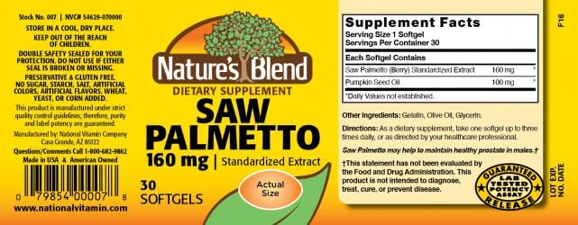 Nature's Blend Saw Palmetto 160 mg Softgel, 30 Count