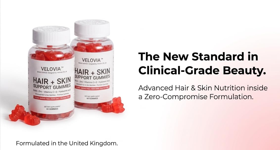 Velovia Hair Strength Gummies – Biotin + Zinc + Vitamins C & E – Sugar Free – 60 Gummies