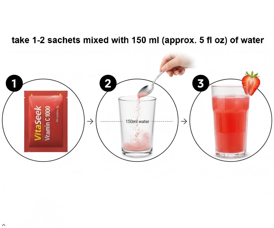 VitaSeek Vitamin C Powder 1000mg, Sugar Free Strawberry Flavor, 120 Packets