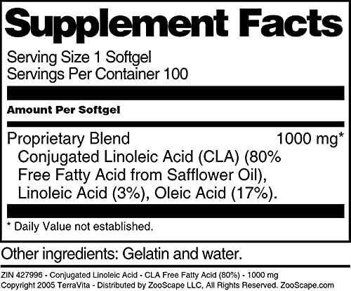 Terravita Conjugated Linoleic Acid Free Fatty Acid 80% 1000 mg Softgels 100