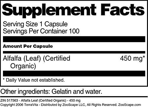 Terravita Alfalfa Leaf 450 mg Capsule, 100 Count (Certified Organic)