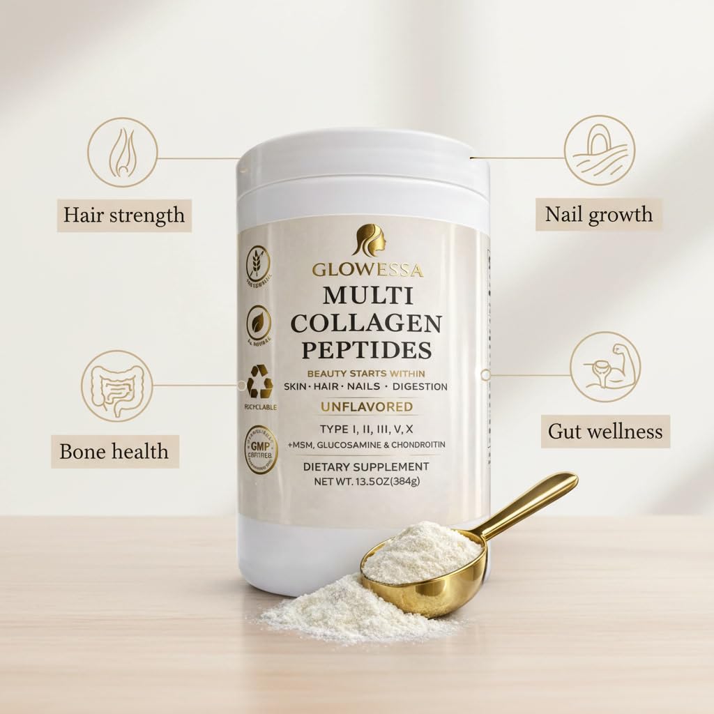 Glowessa Multi Collagen Peptides Powder – Types I, II, III, V & X – Hydrolyzed Collagen Supplement for Hair, Skin, Nails & Joint Support – Unflavored Daily Collagen for Women & Men, 13.55 oz