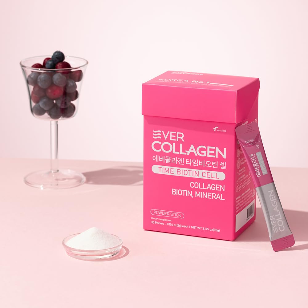Ever Collagen Time Time Biotin Cell Low Molecular Weight Marine Collagen Peptides Powder Supplement, 30 Sticks
