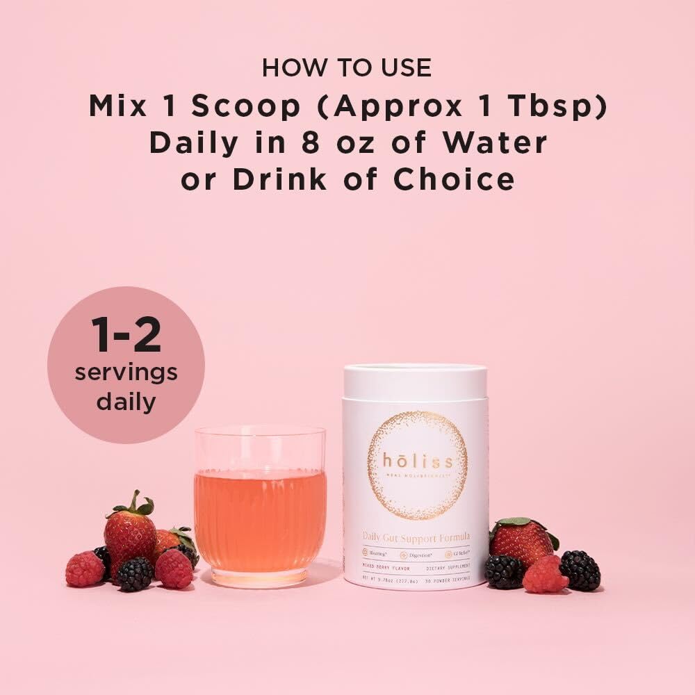 HOLISS Daily Gut Health Powder 6-in-1 All Natural Supplement, Slippery Elm, L Glutamine, Lemon Balm with PepZinGI - Bloat & Gas Relief, GI Lining Repair, IBS Support - Mixed Berry, 30 Servings