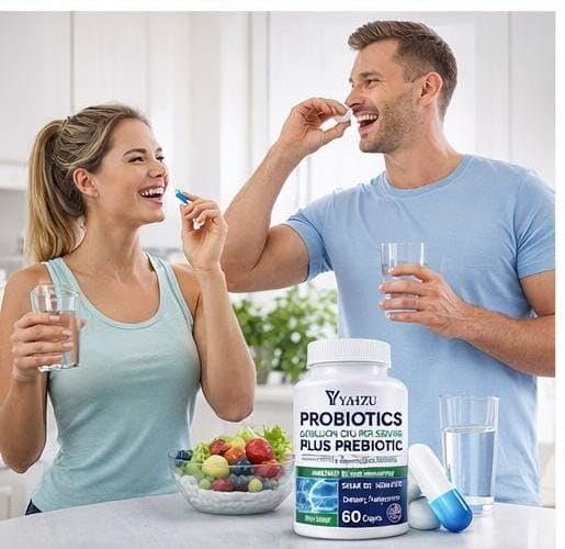 YAHZU 60 Billion CFU Probiotics with Prebiotic Fiber – Synbiotic Digestive & Immune Support for Men & Women, 4 Clinically Researched Strains, 60 Capsules