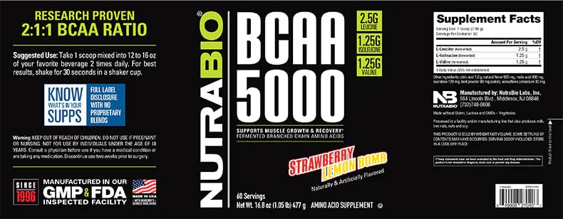 NutraBio BCAA 5000 Powder - Vegan Fermented BCAAs - 60 Servings - Strawberry Lemon Bomb