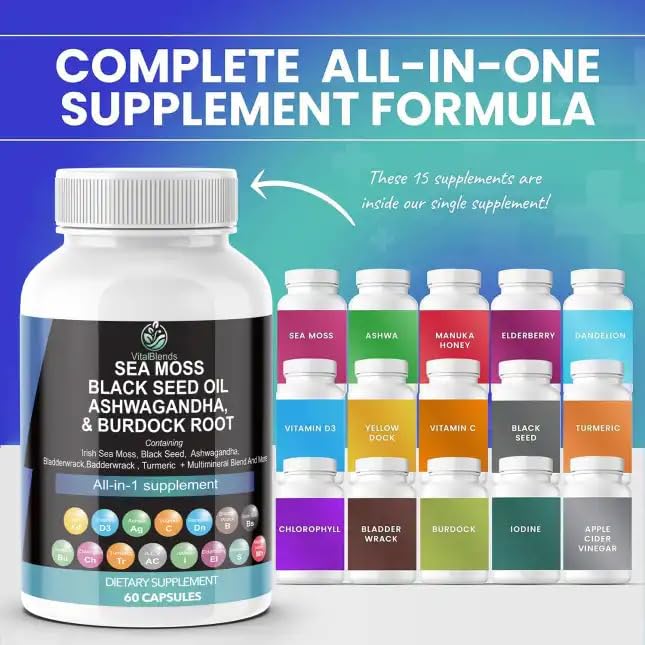 VitalBlends Sea Moss 3000mg, Black Seed Oil 2000mg, Ashwagandha 1000mg, Turmeric 1000mg, Bladderwrack 1000mg, Burdock 1000mg & Vitamin C & D3 with Elderberry Capsules, 60 Count
