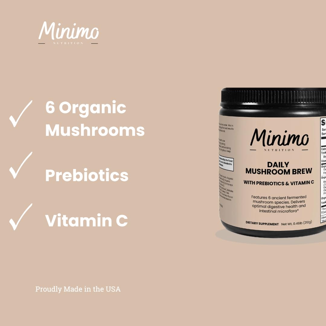 Minimo Nutrition Organic Mushroom Blend with Prebiotic Fiber, Green Tea Extract, and Vitamin C Powder, 7.4