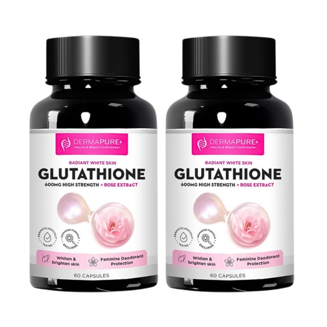 HVSun DermaPure+ Glutathione Whitening Pills 2-in-1, 600mg with Rose Oil Extract – Skin Lightening & Deodorant Supplement, 60 Capsules