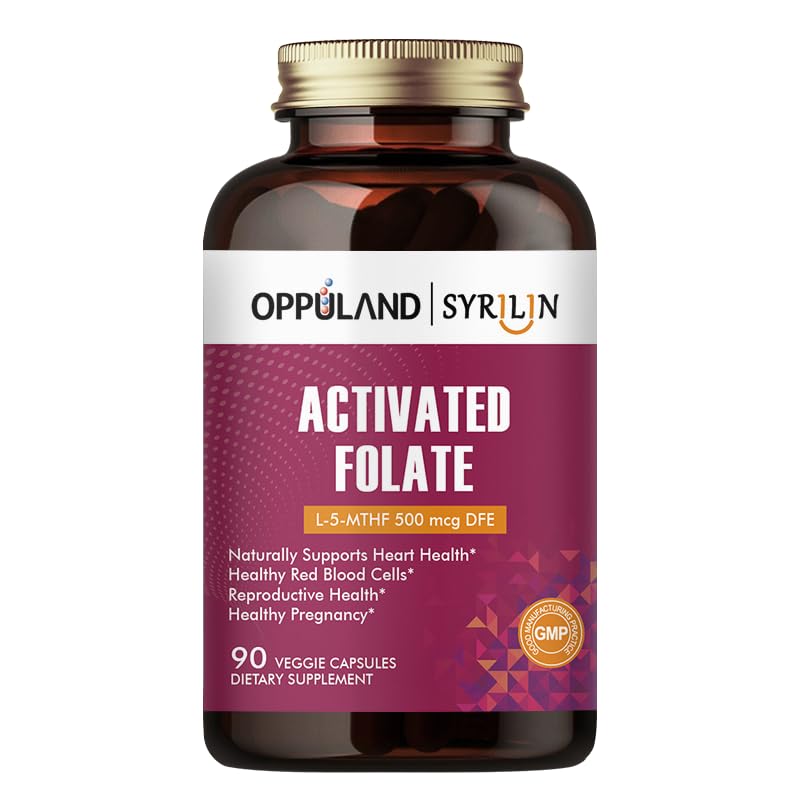oppuland Activated Folate-L 5-MTHF DFE Supplement - Methylfolate B9 MTHF with Vitamin B12, CoQ10, & Red Raspberry - Methylated L-Methylfolate for Men and Women - 500 mcg, 90 Capsules