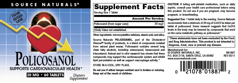 Source Naturals Policosanol 20 mg Tablet, 60 Tablets