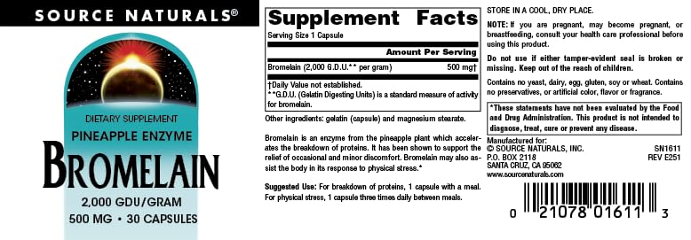 Source Naturals Pineapple Enzyme Bromelain - 2,000 GDU/GRAM - 500mg Capsules, 30 Count