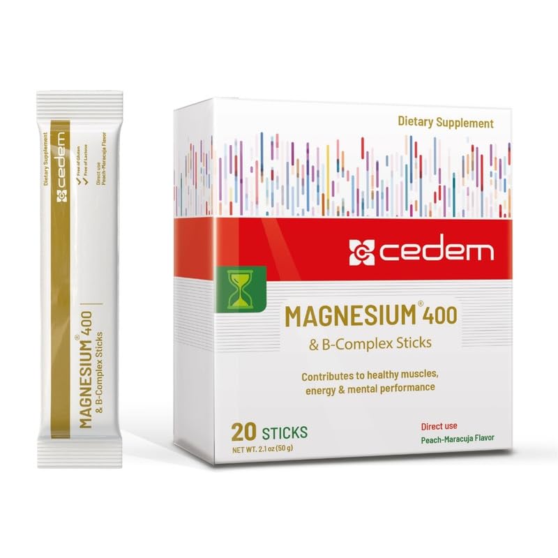CEDEM Magnesium 400mg + B-Complex No Water Needed Dissolving Powder Sticks, Swiss-Formulated, Peach Flavor, 20 Count