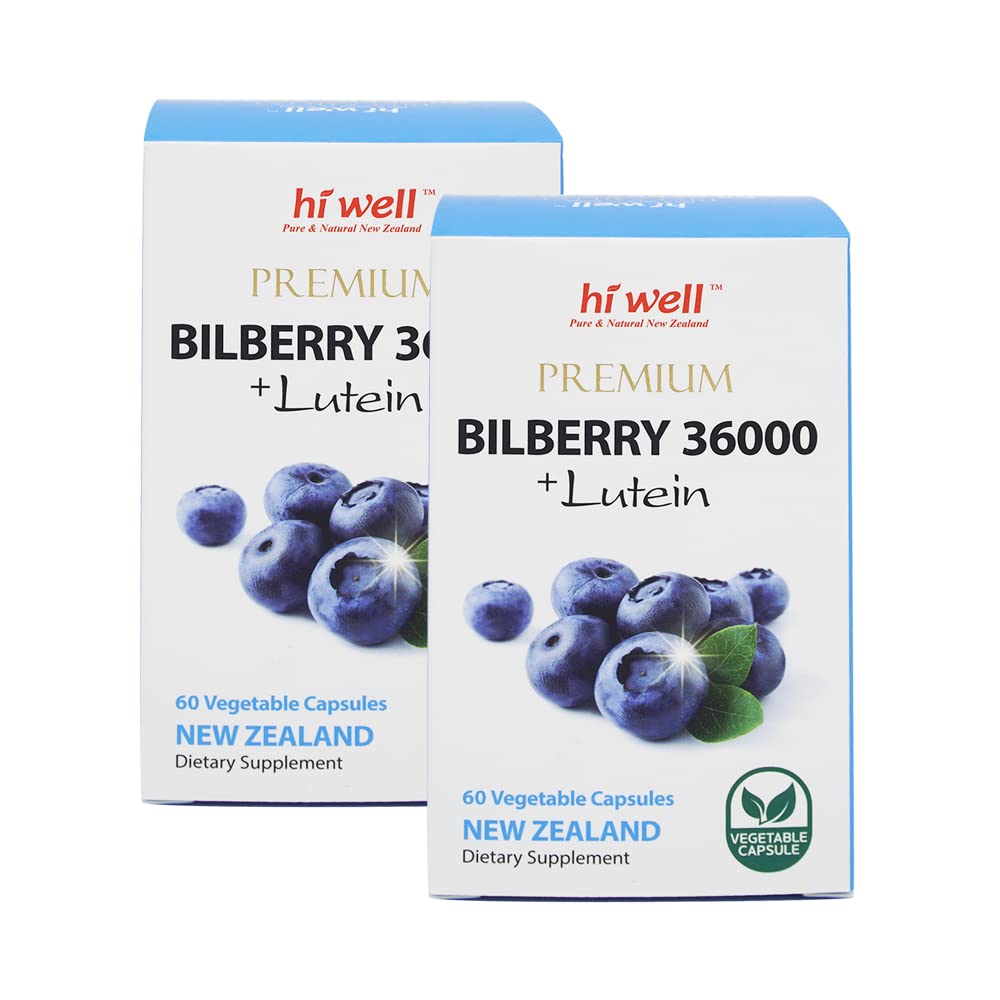 Hi Well Pure & Natural New Zealand Premium Bilberry 36000 + Lutein Capsules, 60 Capsules