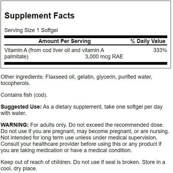 Swanson Vitamin A 10,000 IU (3,000 mcg RAE) Natural Nourishment for Bone, Skin Health, Vision Support & Immune System Function - High Absorption Vitamin A 250 Capsules