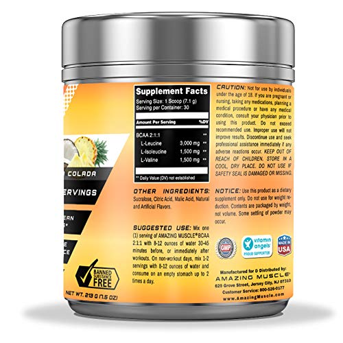 Amazing Muscle 2:1:1 Branched-Chain Amino Acids Powder, Pina Colada Flavor, 16 oz