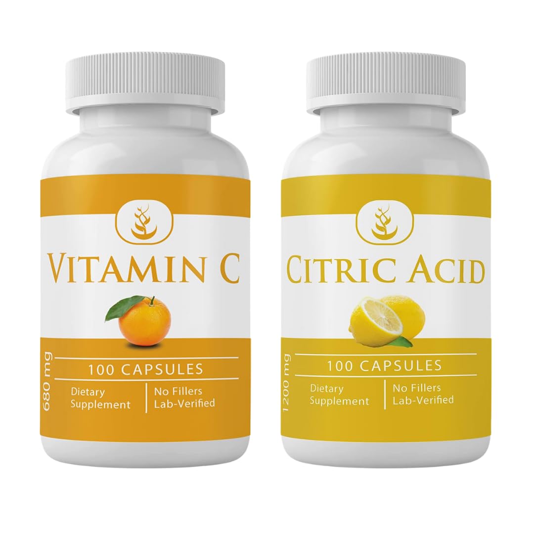 PURE ORIGINAL INGREDIENTS Vitamin C and Citric Acid Capsules Bundle 100 Capsules