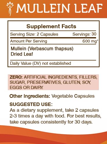 Secrets of the Tribe Mullein Leaf Capsules 600 mg Mullein (Verbascum thapsus) Dried Leaf, Lung Support, 60 Capsules