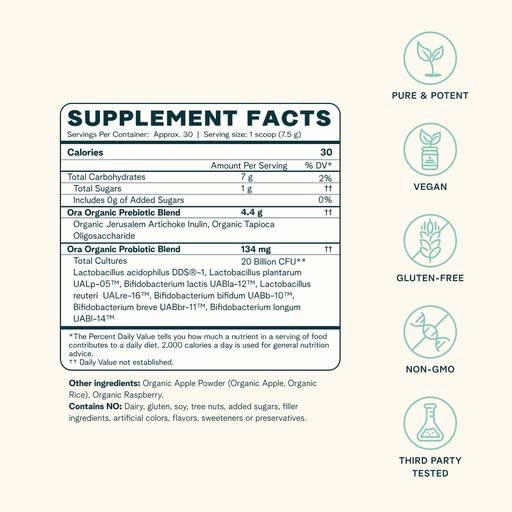 Ora Organic Prebiotic and Probiotic Powder Supplement, 7.9 oz