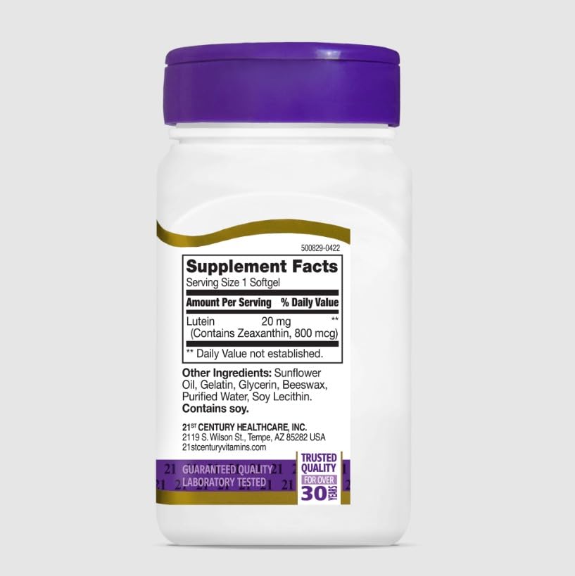 21st Century Lutein 20 mg Softgels, 180 Count