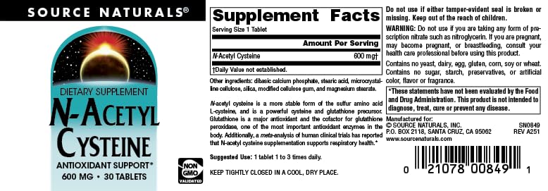 Source Naturals N-Acetyl Cysteine 600 mg Antioxidant Support Dietary Supplement Tablets - 30 Tablets