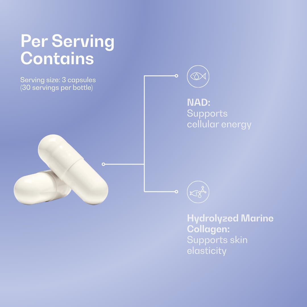 The Blue Formula NAD Caps NAD (Nicotinamide Adenine Dinucleotide) + Hydrolyzed Marine Collagen Daily Supplement, 90 Capsules