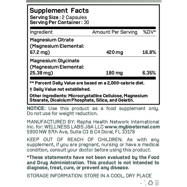 BIOETERNAL Magnesium Dual Complex Citrate + Glycinate Formula, 60 Capsules