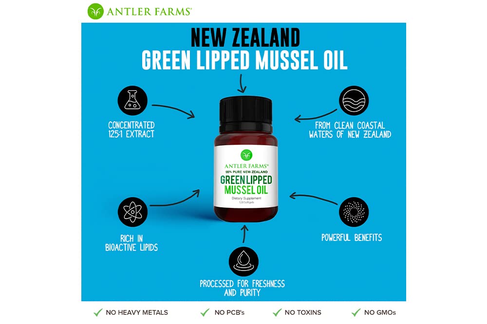 Antler Farms 100% Pure New Zealand Green Lipped Mussel Oil Softgels, 120 Count
