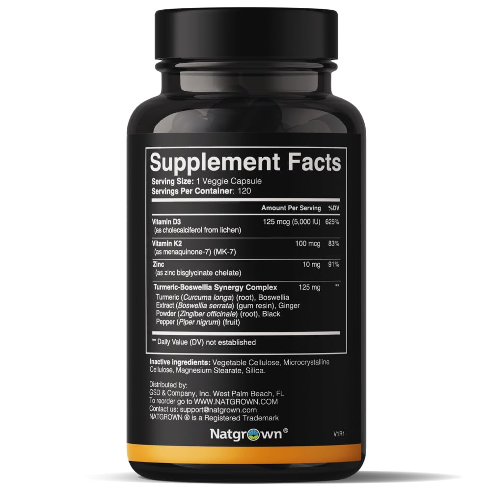 Natgrown Vitamin D3 K2 with Zinc - D3 5000 IU & K2 MK7 100 mcg Capsule, 120 Count