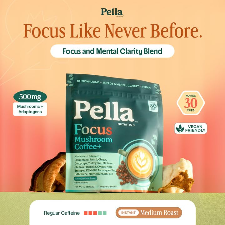 Pella Nutrition Instant Mushroom Focus Coffee Powder 4.2 Ounce