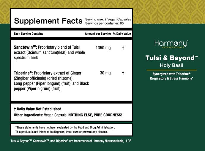 Harmony Nutraceuticals Tulsi - Holy Basil Supplement, Highest Potency, Maximum Bioavailability, Made with Organic Herbs, Capsules, 120 Count