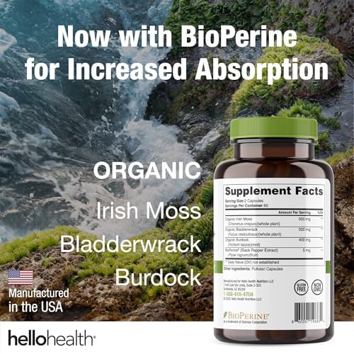 HELLO HEALTH Organic Irish Sea Moss Capsules with Burdock Root & Bladderwrack Bioperine, 120 Capsules