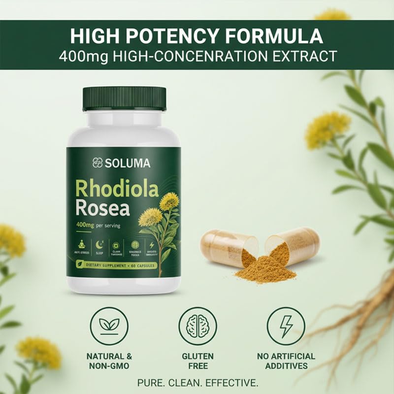 Soluma Rhodiola Rosea Organic Natural Adaptogen Supplement with Bioperine Energy, Stress and Mental Focus Support Capsule 1