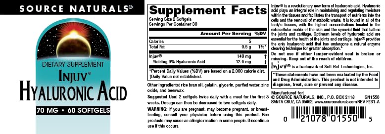 Source Naturals Hyaluronic Acid Injuv 70mg Softgels, 60 Count