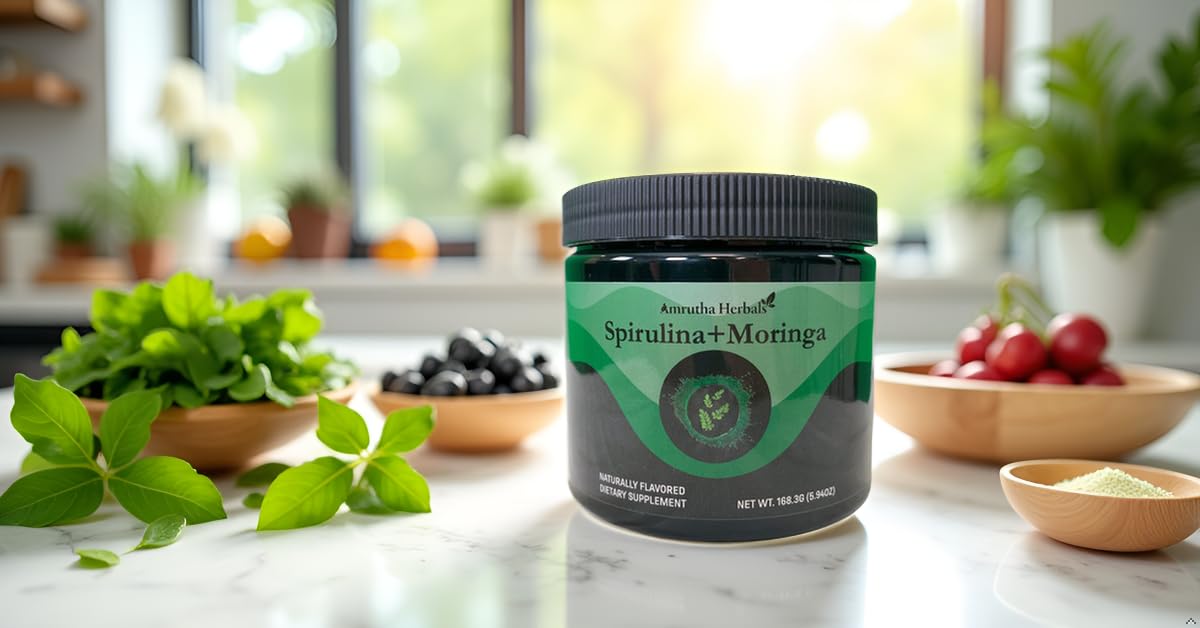 Amrutha Herbals Organic Spirulina + Organic Moringa Greens Powder, 5.94 Ounce
