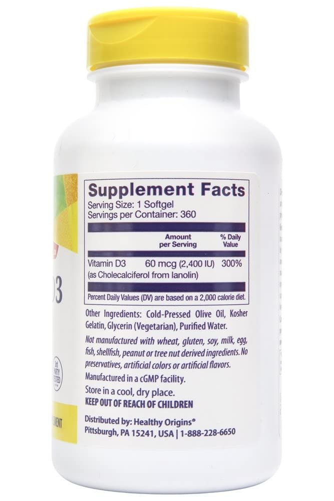 Healthy Origins Vitamin D3 2,400 Lulanolin Gels Softgels 360 Count