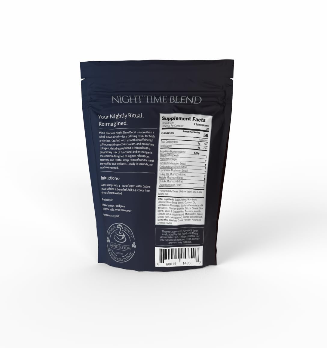 Mind Bloom Night Time Vanilla Latte Instant Coffee Decaf Proprietary Mushroom Blend Powder 8.5 Ounce