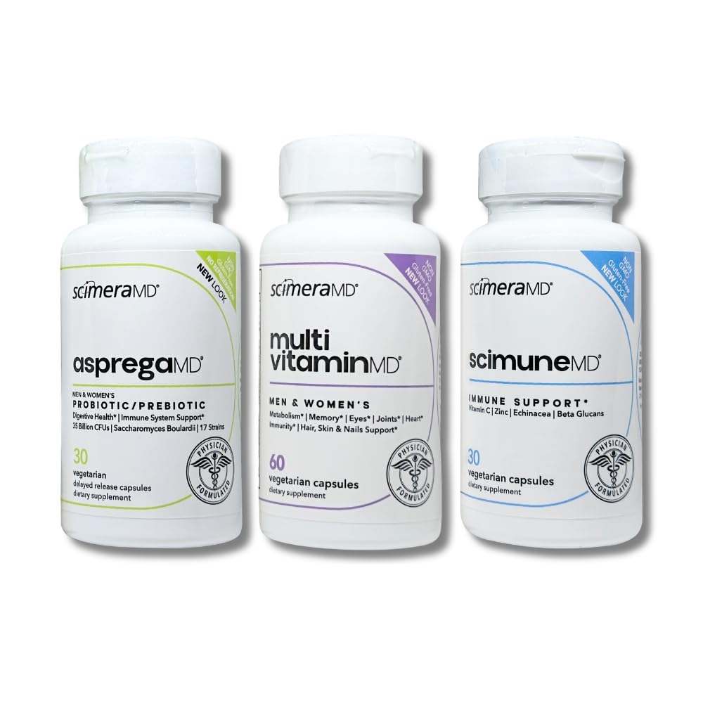 Scimera Bioscience ScimeraMD AspregaMD Probiotic + Prebiotic, ScimuneMD Immune Support and MultivitaminMD Multiminerals, 120 Capsules