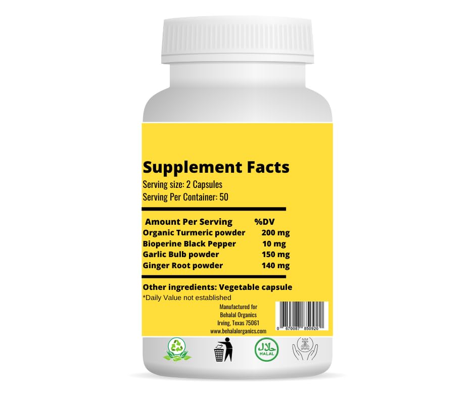 Behalal Organics Turmeric Curcumin 500mg Capsules, 100 Count