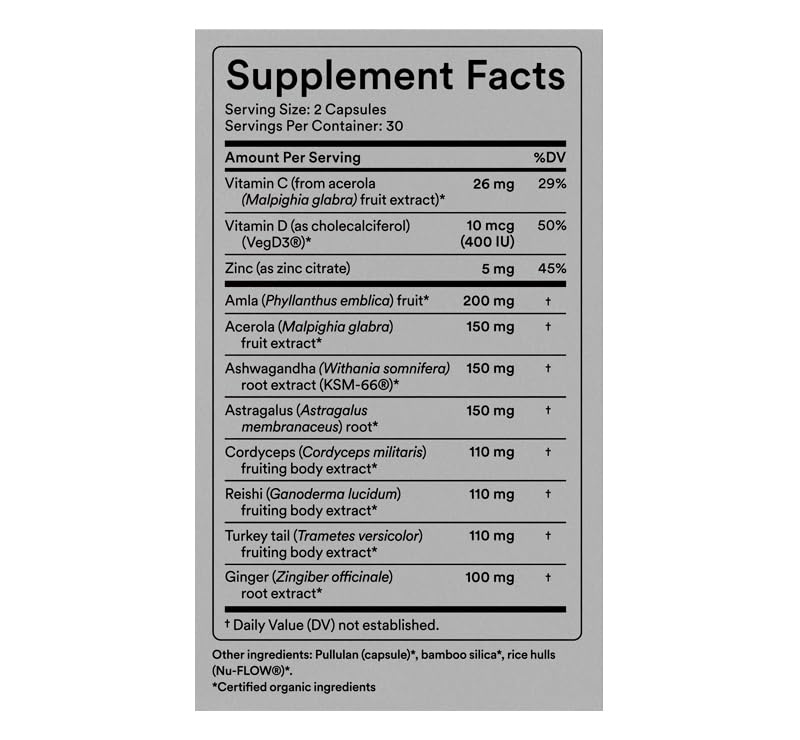 Nature Generation USDA Organic Immune Support Supplement with Vitamin D3, Vitamin C and Zinc – Plant-Based Immunity Support with Ashwagandha, Astragalus, Turkey Tail and Reishi Mushroom, 60 Capsules