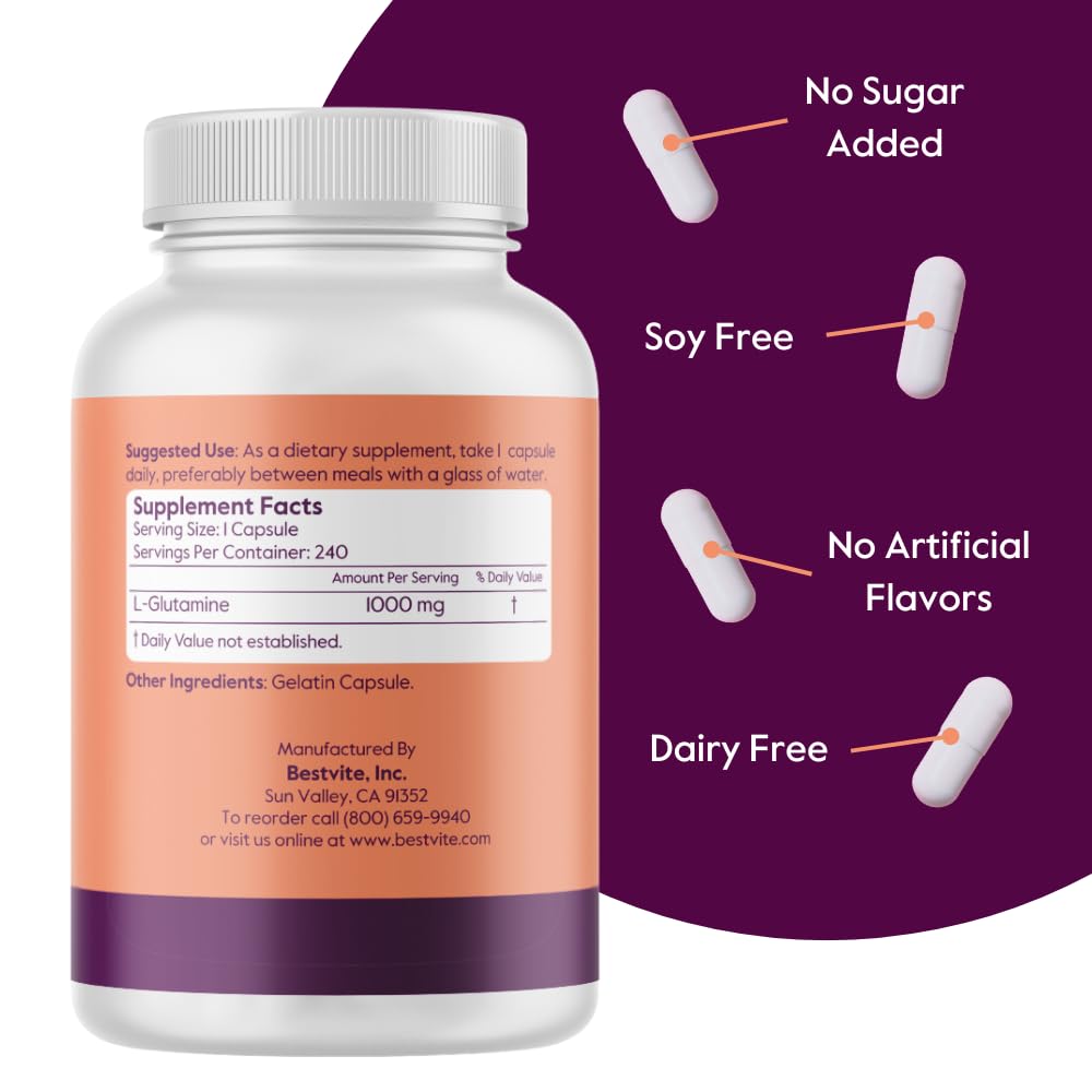 BESTVITE Filler-Free L-Glutamine 1000mg per Capsule, 240 Capsules