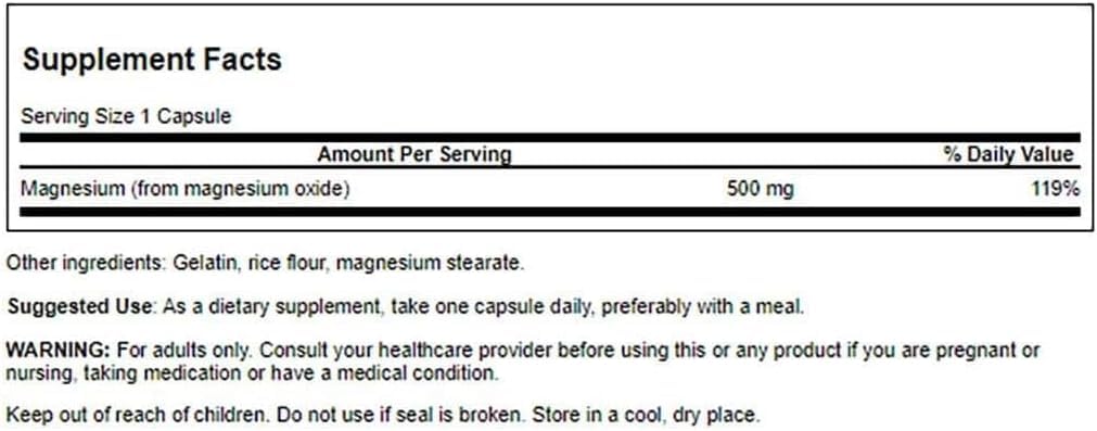 Swanson Magnesium Oxide 500 mg Capsules, 100 Count