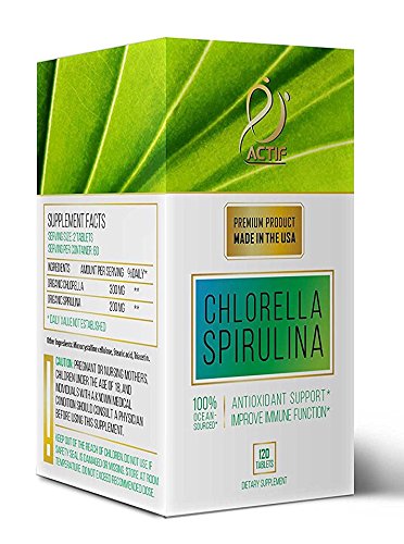 ACTIF 100% Ocean Cleaned Organic Chlorella and Spirulina Non-GMO, 120 Tablets
