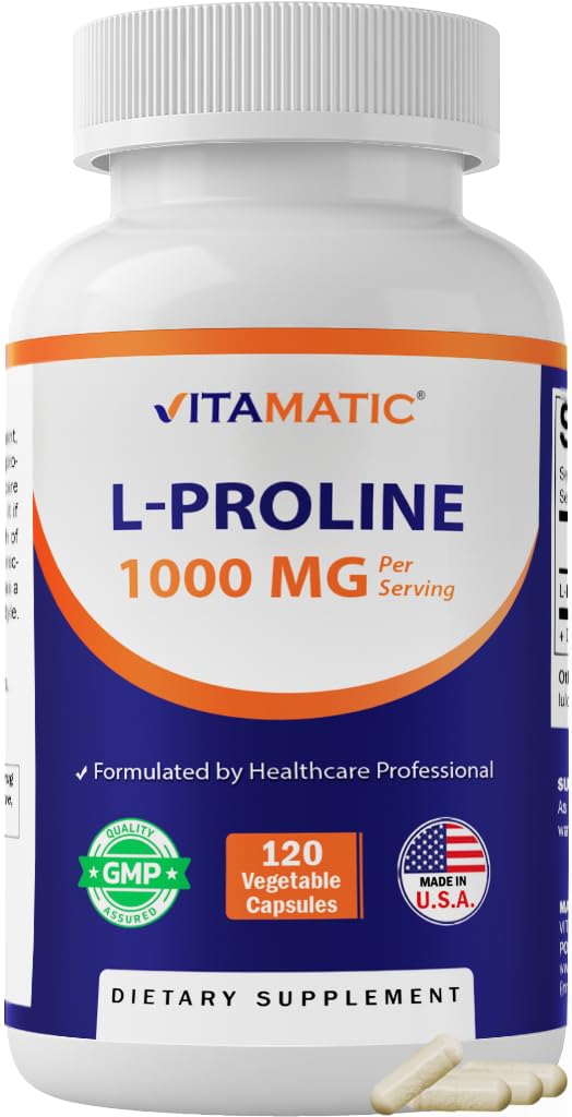 Vitamatic L-Proline 1000 mg Per Serving Free Form Amino Acid Supplement, Vegetarian Capsules, Non-GMO, Gluten Free, Made in USA, 120 Count