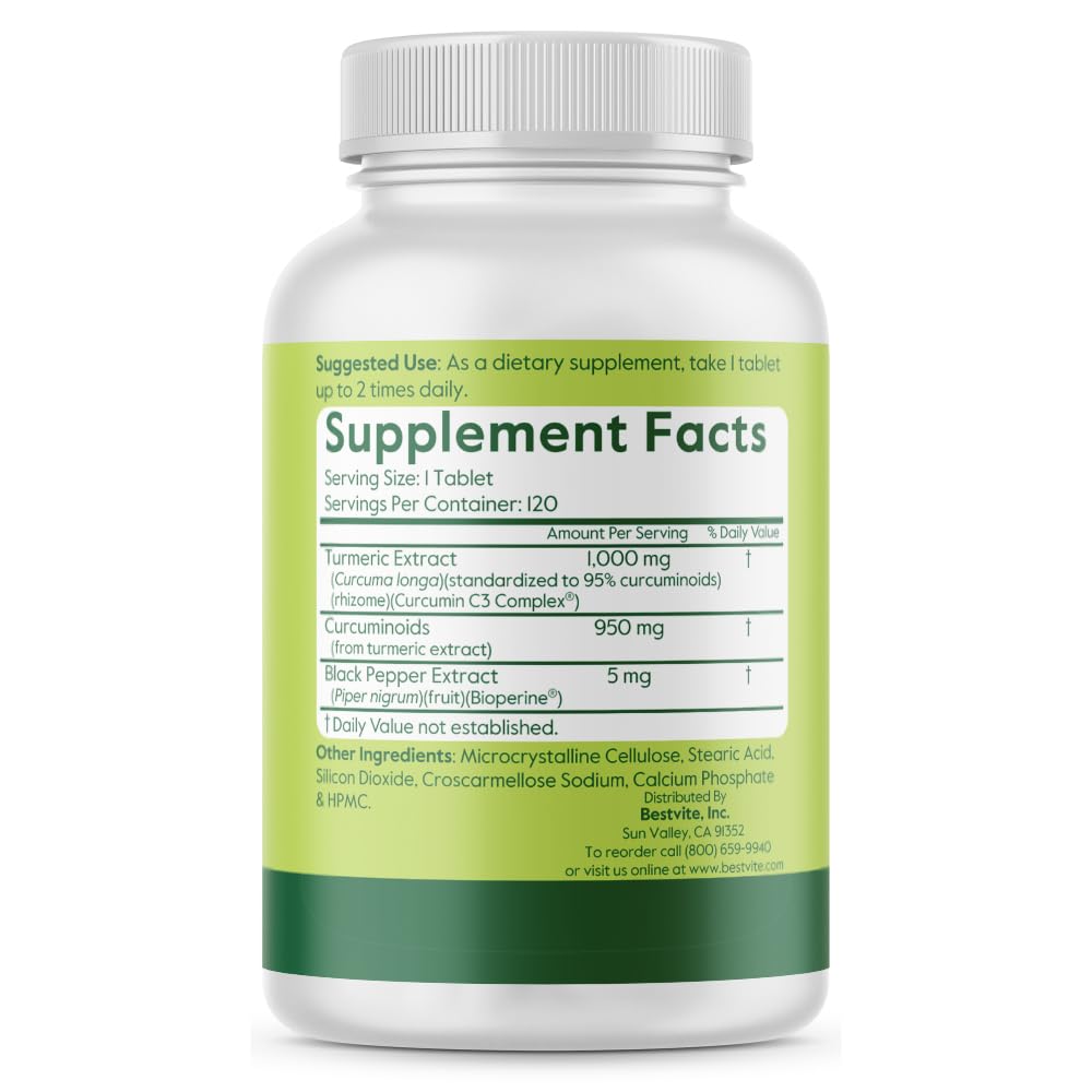 BESTVITE Curcumin 1000mg per Tablet (Turmeric Extract) 120 Tablets