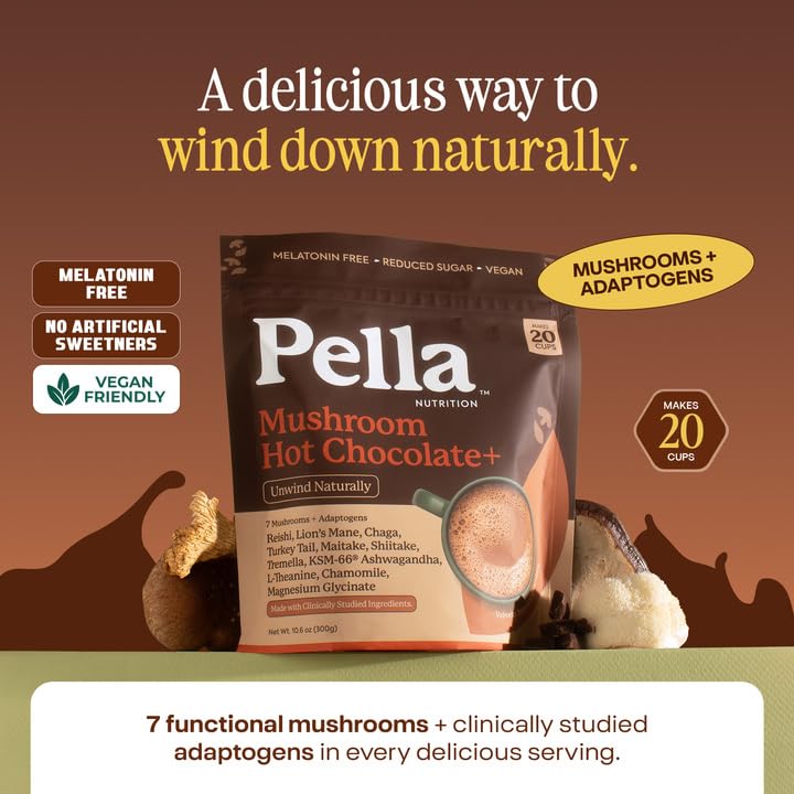 Pella Nutrition Instant Mushroom Hot Chocolate for Sleep - Cocoa Powder, 10.6 Ounce