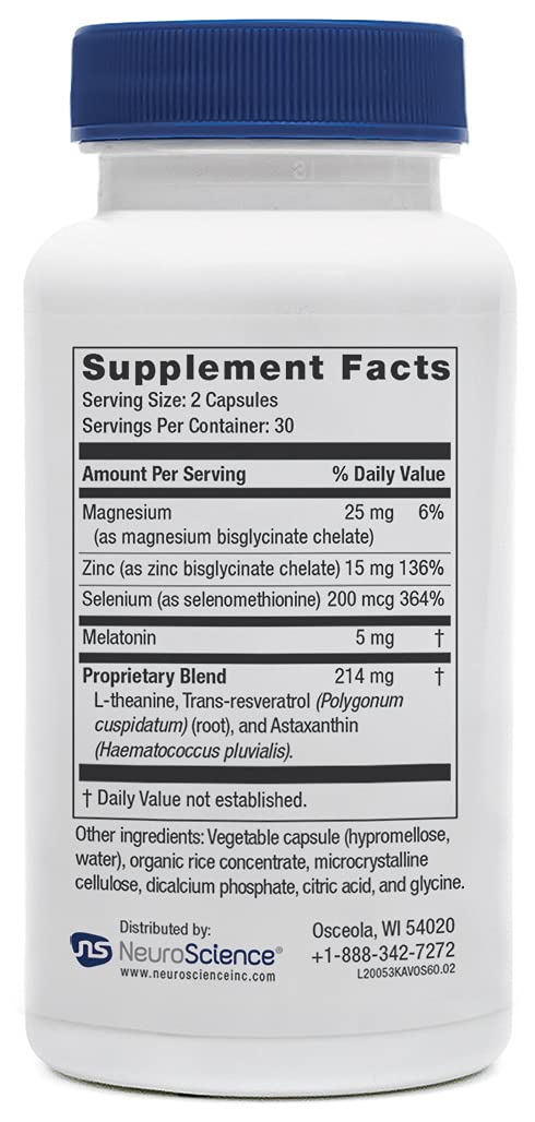 NeuroScience Kavinace OS Sleep Aid Formula with Melatonin 5mg + L-Theanine Capsules, 60 Count