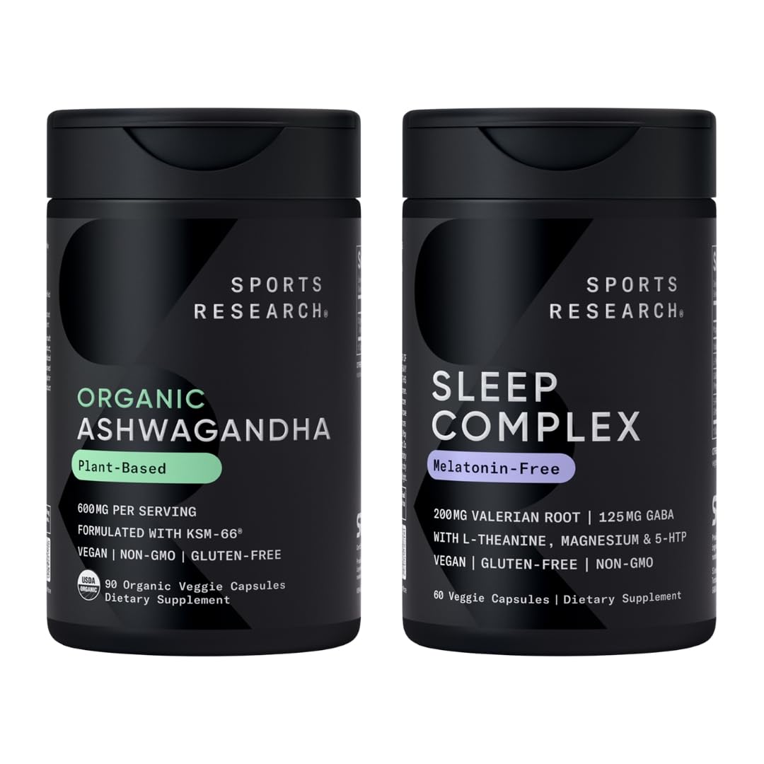 Sports Research Sleep Pack Organic Ashwagandha Adaptogen for Relaxation, Calm & Sleep Support 600 mg + Sleep Complex Melatonin-Free Capsules, 150