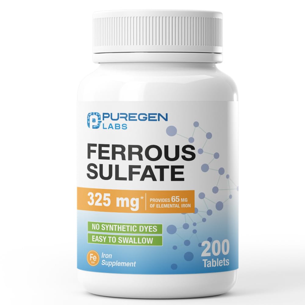 P Puregen Labs Ferrous Sulfate 325 mg (65 mg Elemental Iron) High Potency Iron Supplement Tablet, 200 Tablets
