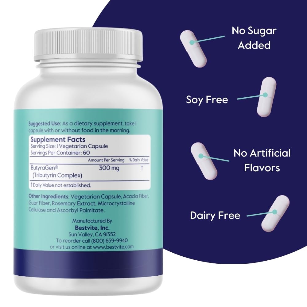 BESTVITE ButyraBoost 300mg Tributyrin Complex Capsules, 60 Count